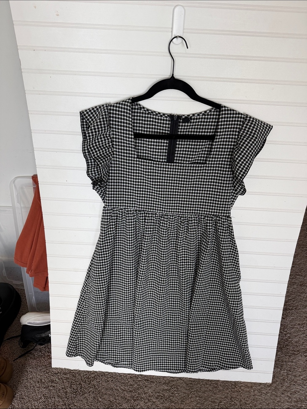 SHEIN Black and White Gingham Square Neck Flutter Sleeve Dress